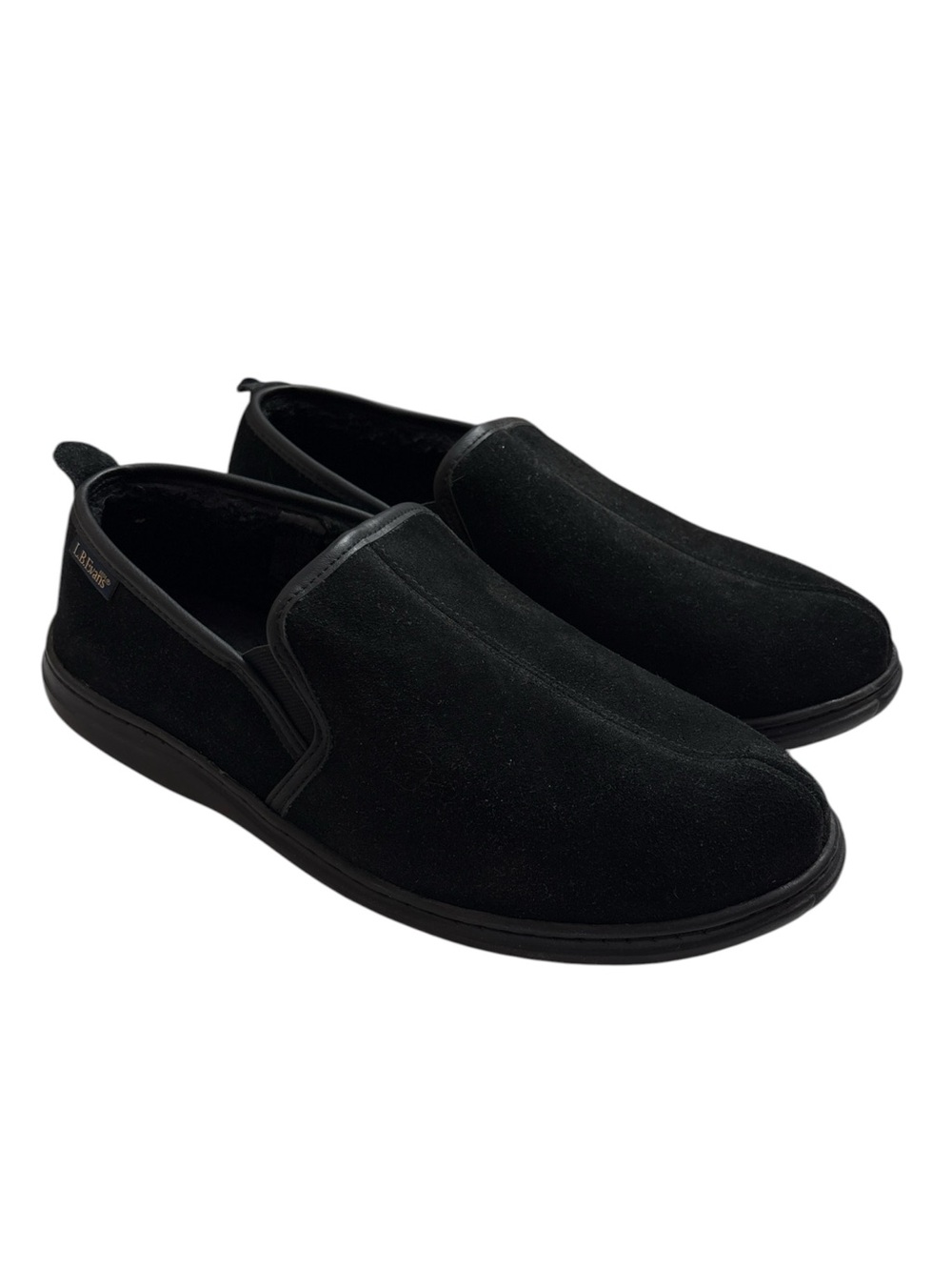 LB Evans Loafer Slipper House Shoe Suede Leather Faux Fur Trim Black Size 13 EEE
